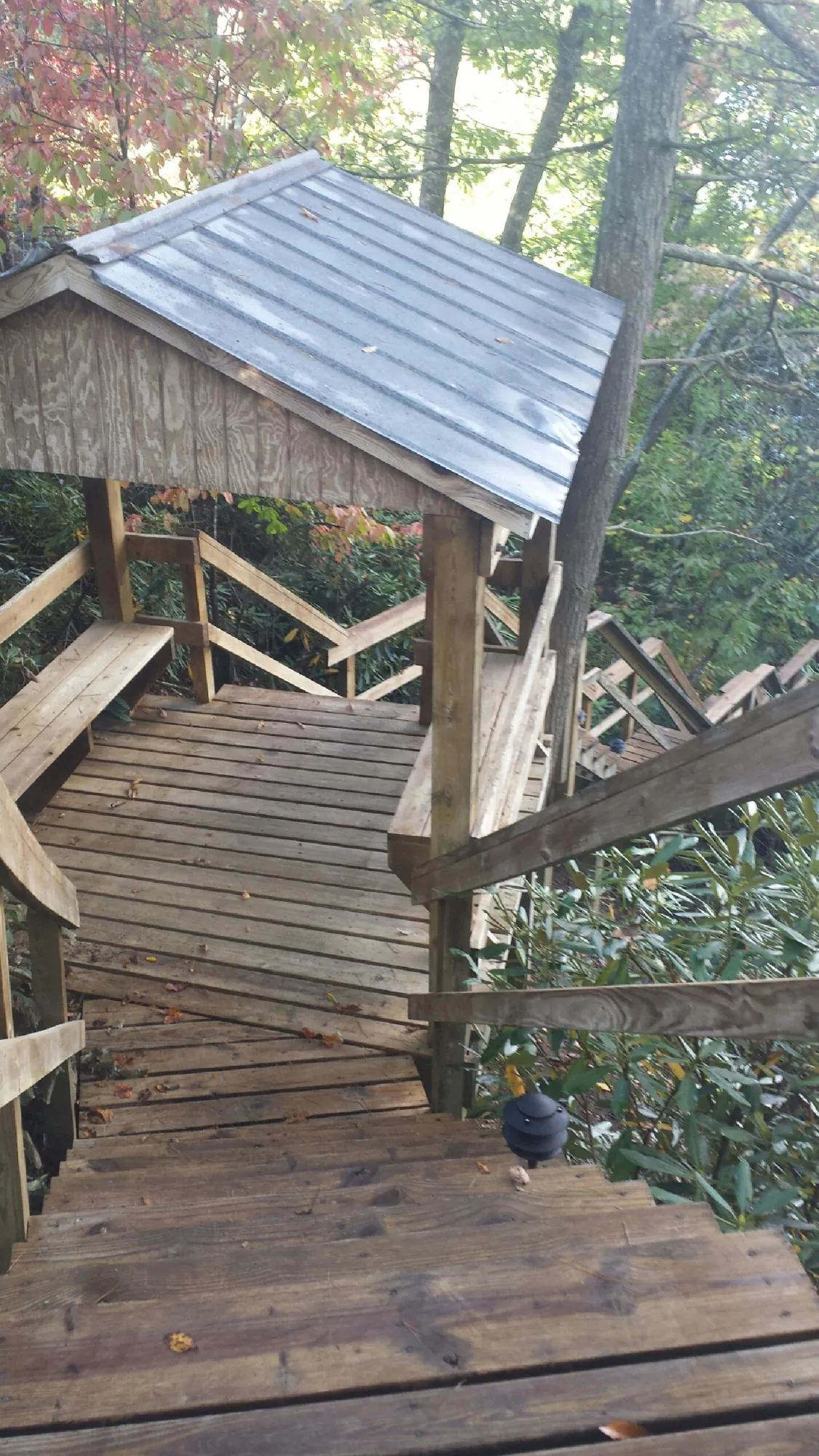 Metal roofed shelter over wooden steps on a wooded walkway — Skylight Repair & Installation work by our crew in Leoma
